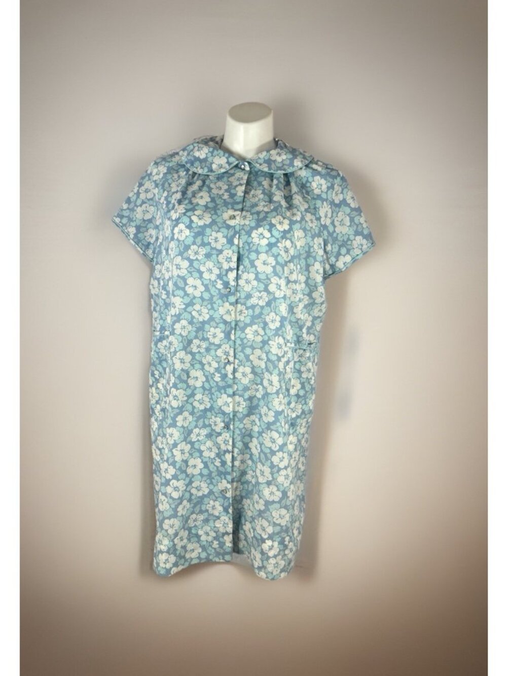 Women’s Coffee Casual Short Sleeve Housecoat Size L 16-18 Pearl Snap Blue Robe